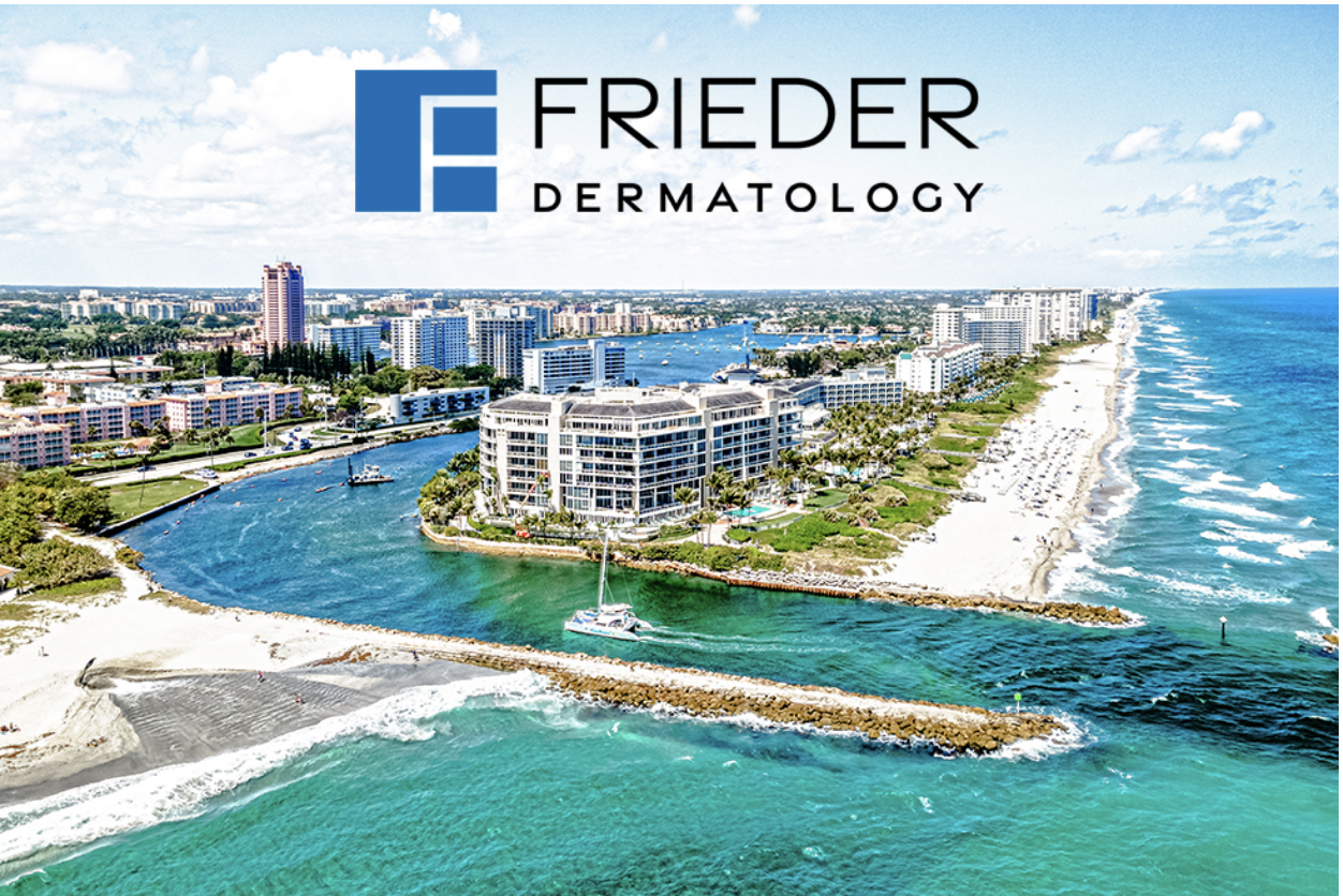 An aerial view of the Boca Raton inlet with the logo for Boca Raton Dermatologist Frieder Dermatology in the skyline