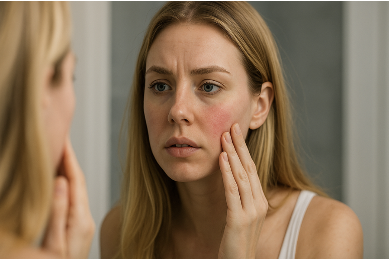 A blond woman looking in a mirror and touching her cheek where there is a slight rosacea flare-up.