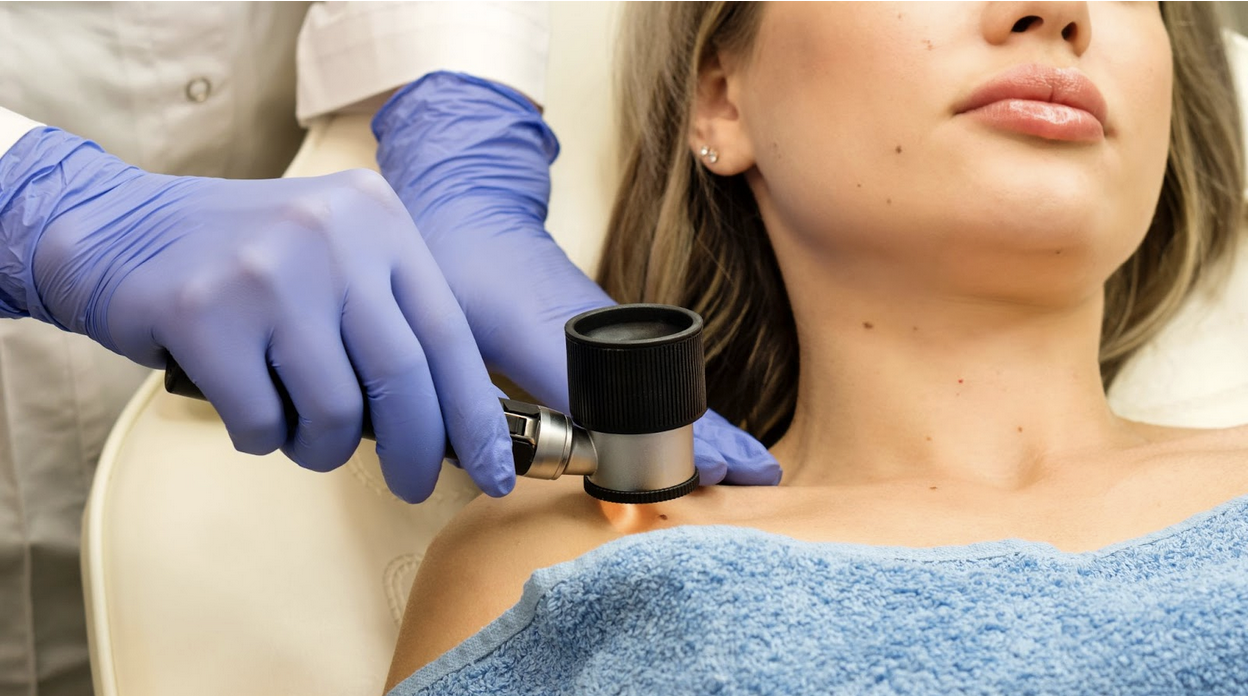 Dermatologist performing a skin cancer screening at Frieder Dermatology