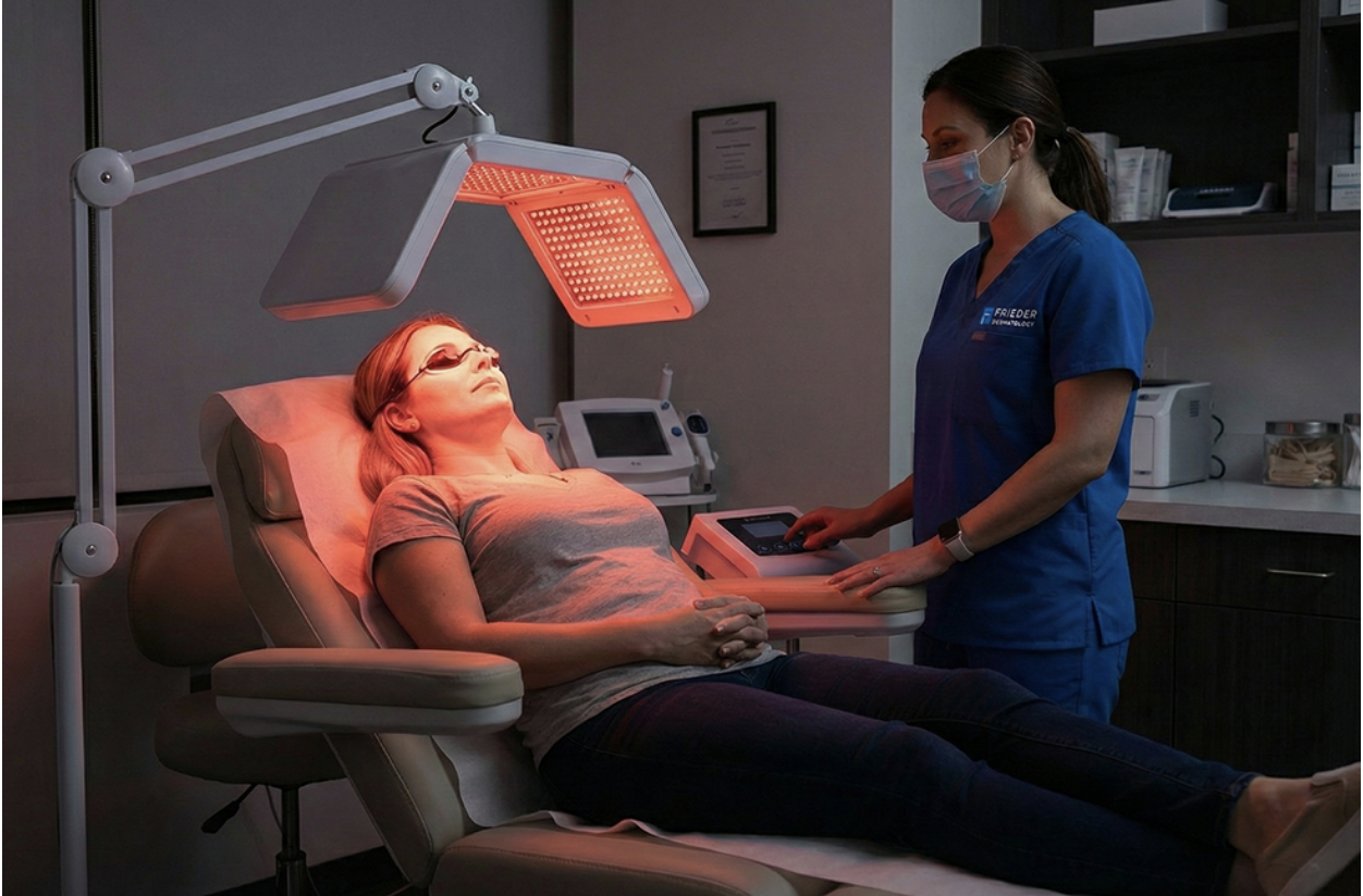 a woman receiving red light therapy at Frieder Dermatology in Boca Raton.