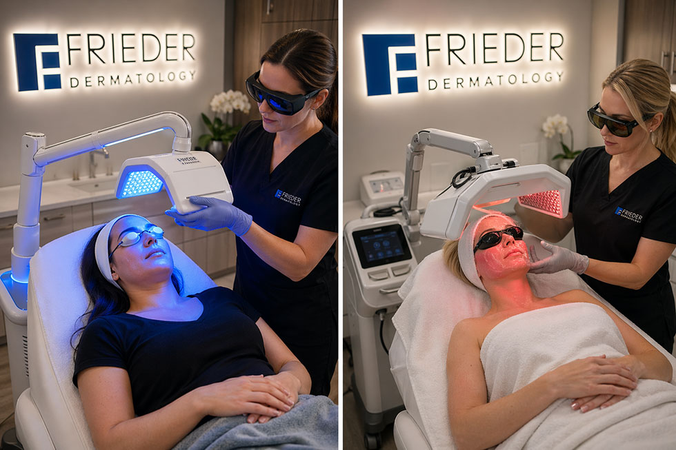 Red light and photodynamic therpaies being performed on two different women at Frieder Dermatology in Boca Raton.