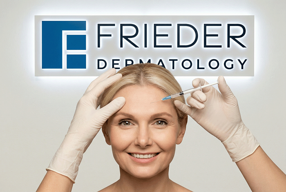 A patient at Frieder Dermatology in Boca Raton receiving a botox injection to her forehead.