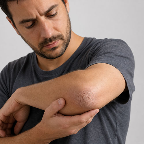 A man looking at a dry skin patch on his elbow.