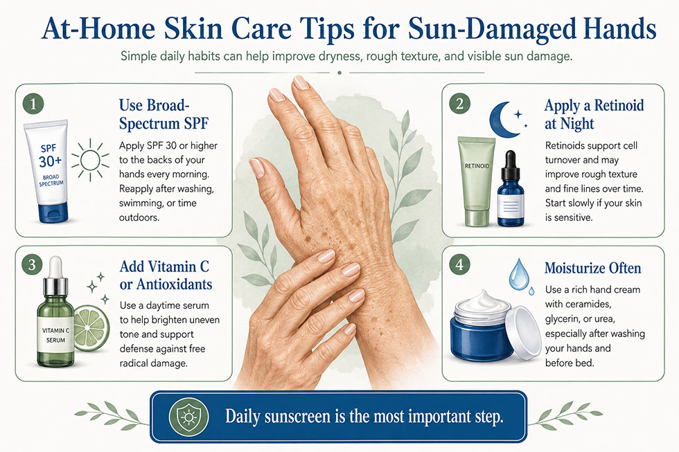an illustration showing at-home skin care tips for sun-damaged hands, including SPF, retinoids, Vitamin C, and moisturizer.