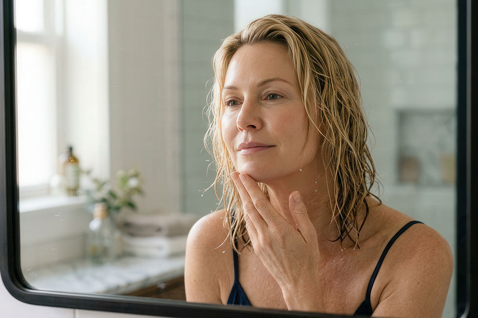 A woman going through perimenopause is looking at her skin and hair after a shower.