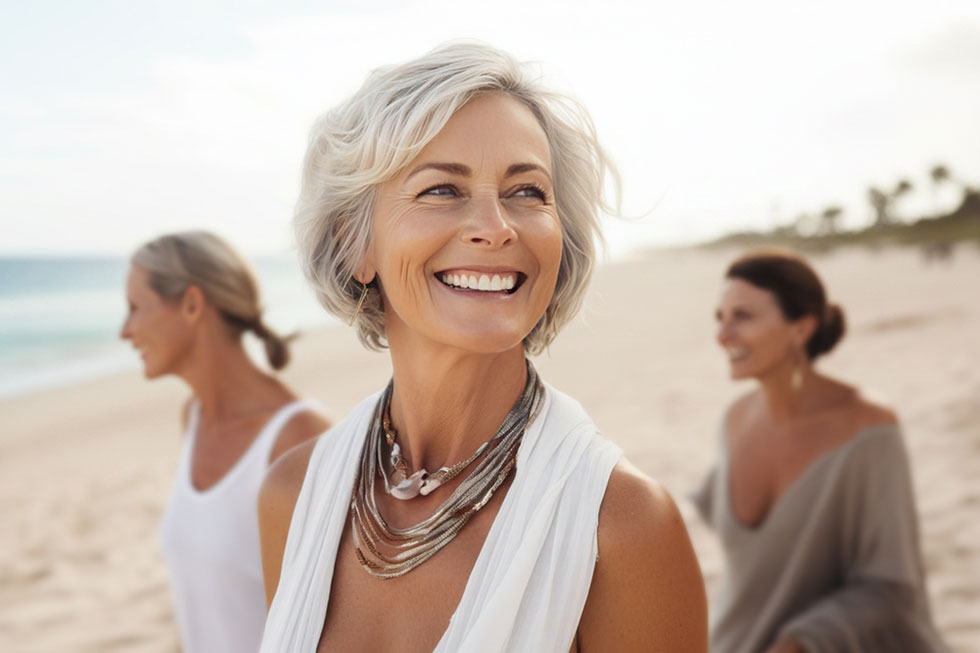 Three happy women in perimenopause are walking on the beach on Boca Raton.