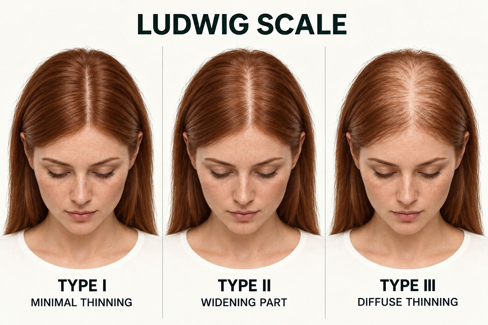 Ludwig Scale showing the same woman’s female pattern hair loss progression from Type I minimal thinning to Type III diffuse thinning.