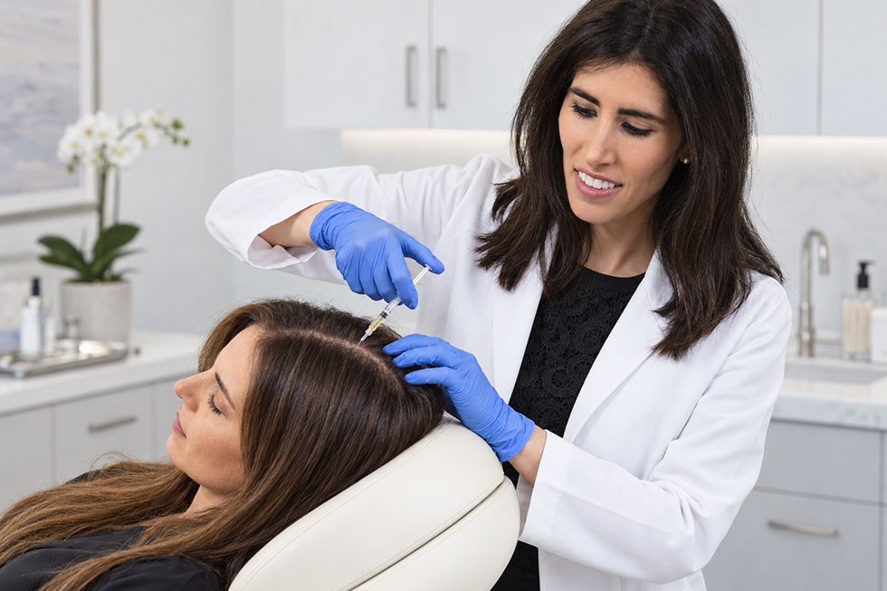 Dr. Jillian Frieder administering PRP injections for hair loss treatment to a woman at Frieder Dermatology.