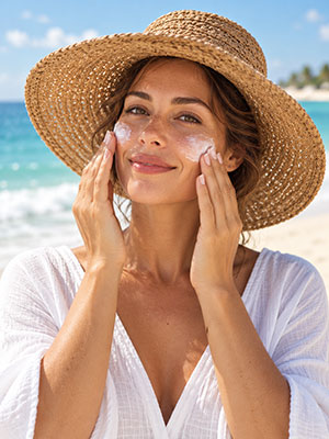 Woman applying sunscreen on a Florida beach while wearing a white floppy sun hat to help protect melasma-prone skin.