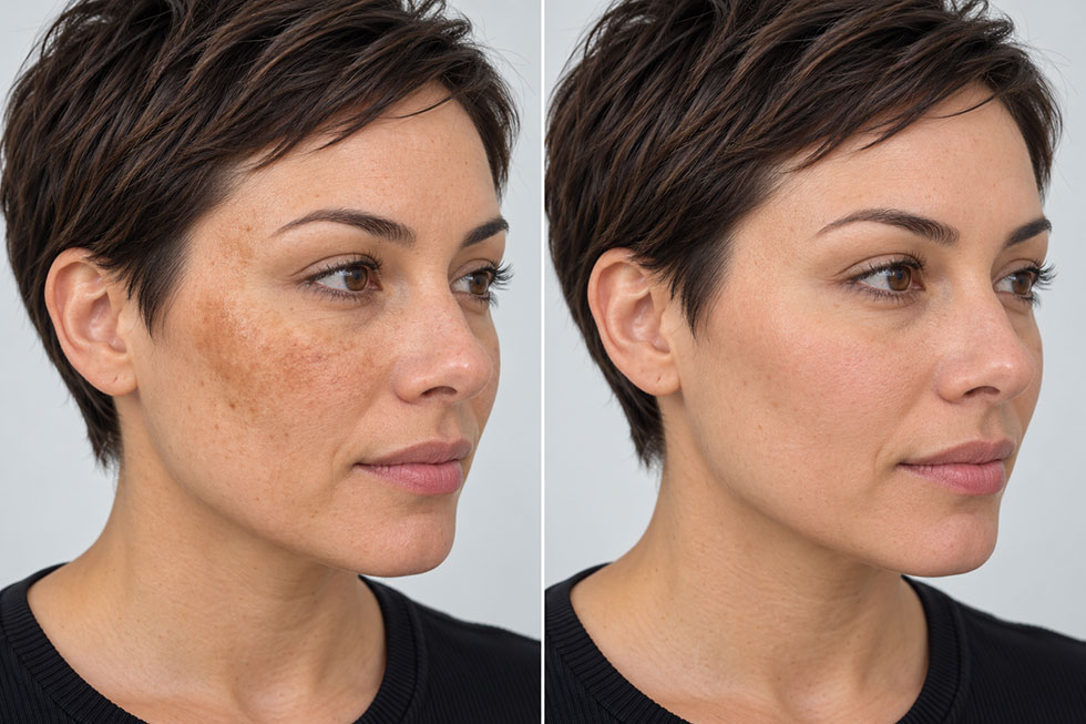 Before and after melasma treatment by Frieder Dermatology in Boca Raton showing clearer, more even-looking skin.