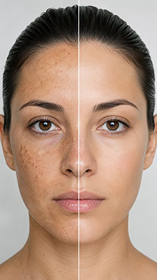 A before and after split screen showing a young woman with melasma being treated by Frieder Dermatology on Boca Raton.